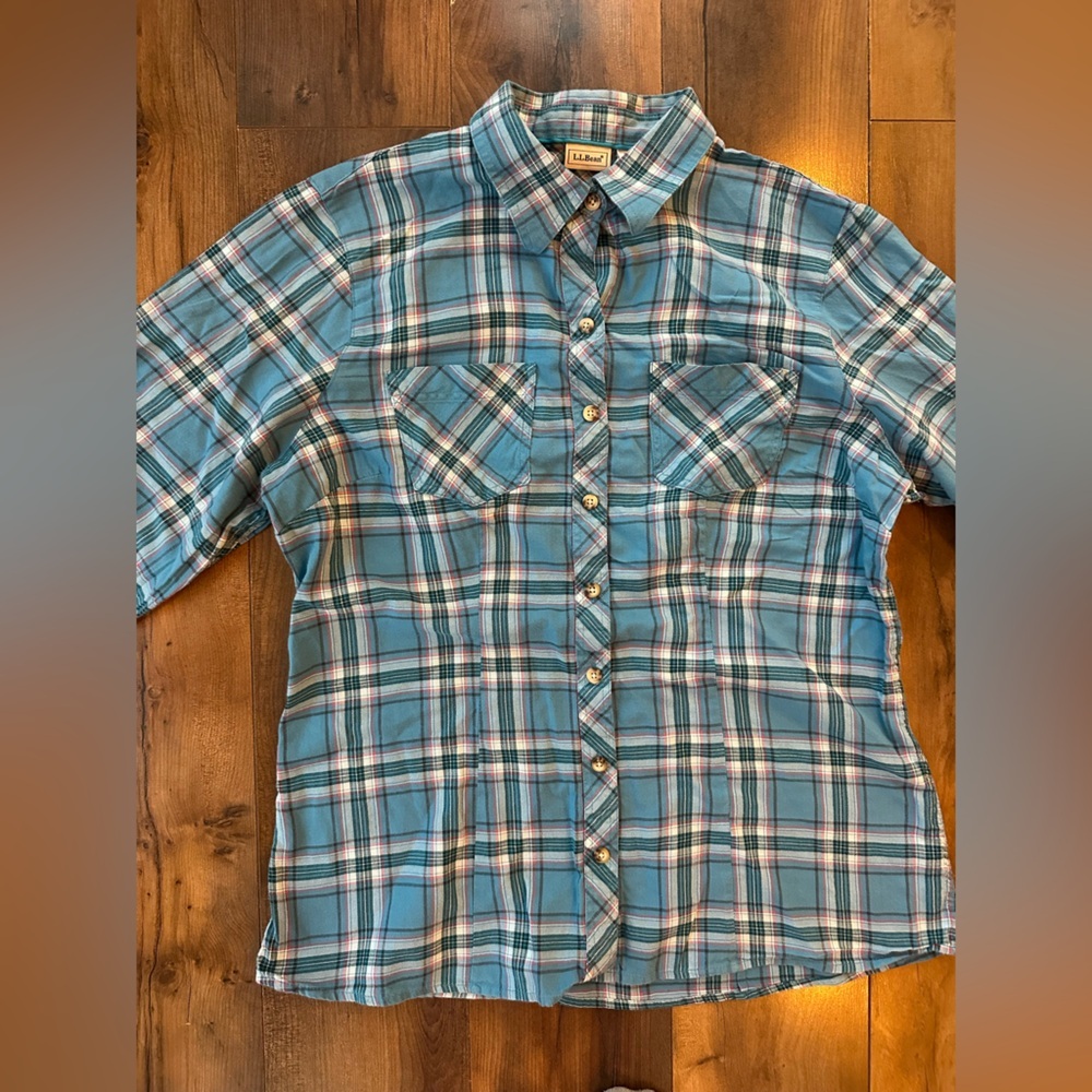 L.L.Bean Womens Plaid Flannel Shirt Small Teal Blue Button Down Classic - Picture 2 of 5